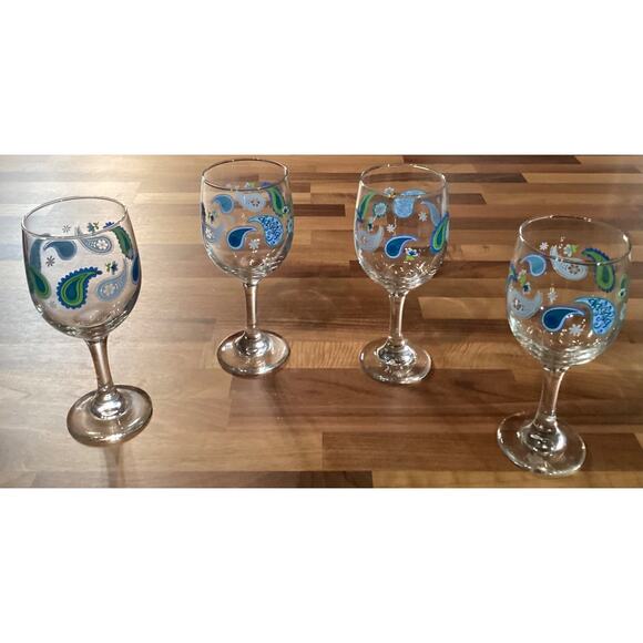 Set of 4 Blue and Green Paisley Royal Norfolk Water Wine Goblets - Picture 1 of 11